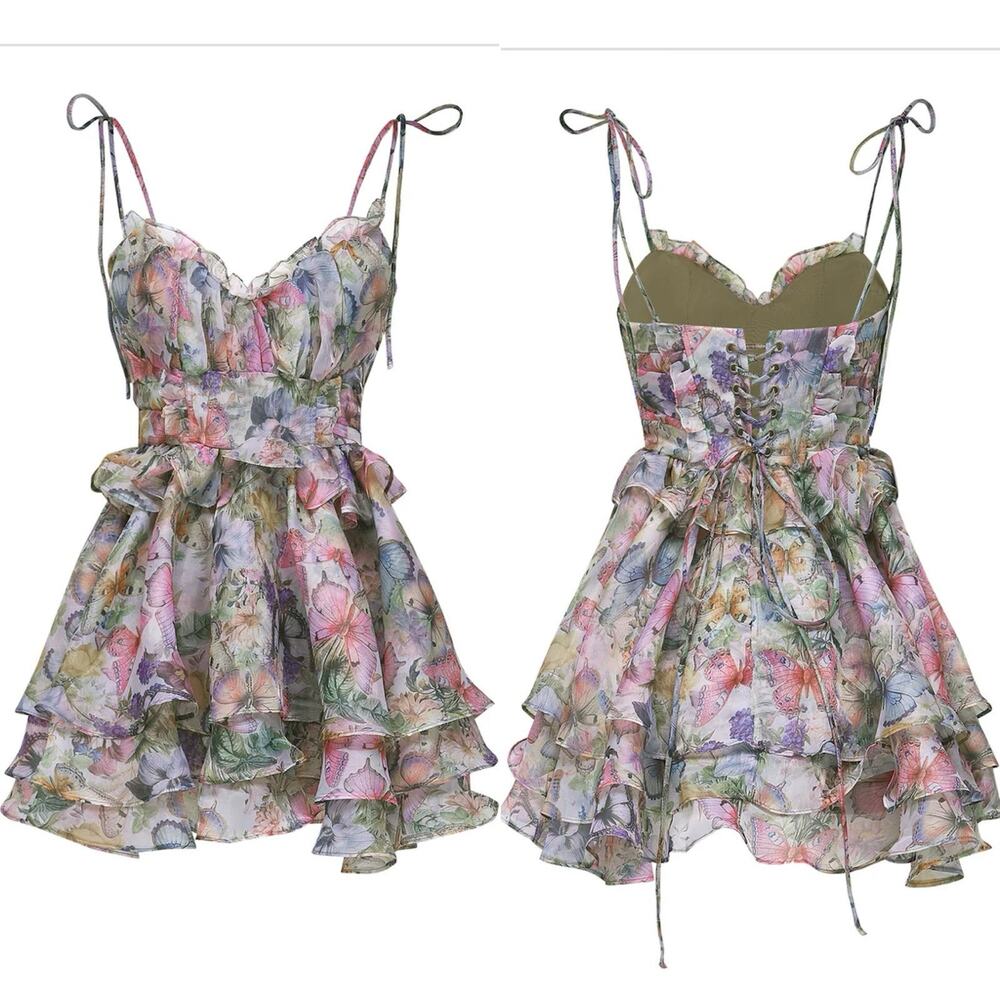 Bella Barnett Multicolor Floral Chiffon V-Neck Lace-Up Ruffle Pleated Mini Dress